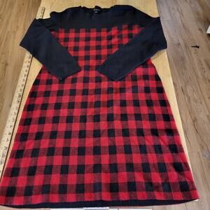 Talbots Red Buffalo Check Sweater Dress Gold Zip Wool Rayon Blend Knit Large